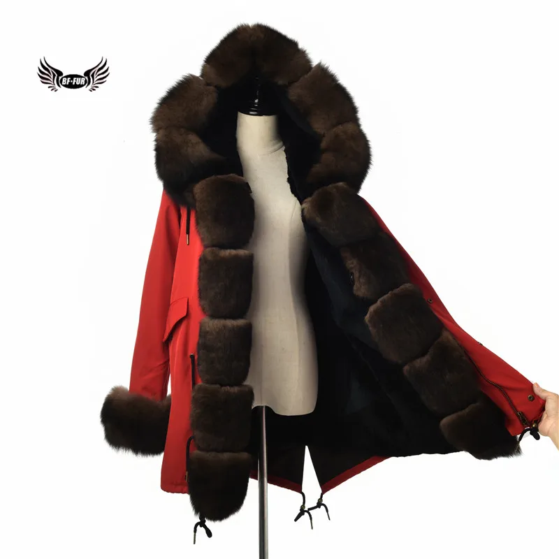 BFFUR, пальто из натурального меха, Воротник из натурального Лисьего меха, цвет Соболь, парка из натурального меха с манжетами, женская красная зимняя длинная куртка, парка с мехом