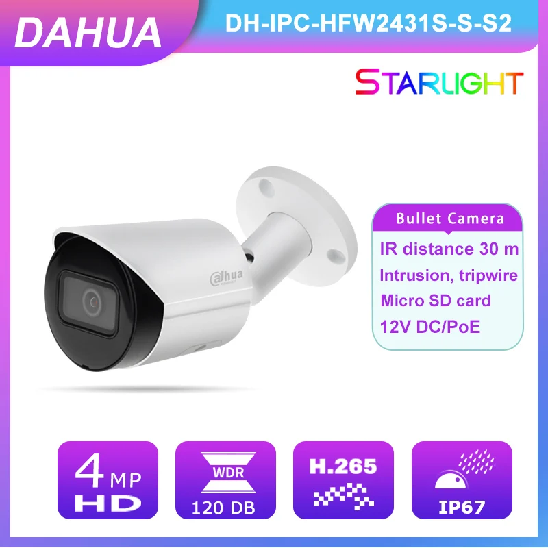 Камера Dahua Starlight IPC-HFW2431S-S-S2 4MP UltraHD PoE IP Bullet с ночным видением слот для SD-карты IP67IVS