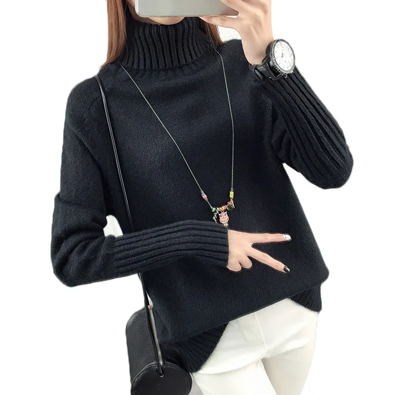 Truien Dames, новинка, Корейская водолазка, Однотонный женский свитер, повседневный Свободный пуловер, джемпер, вязаный женский свитер, Pull Femme 5226 50 - Цвет: Черный