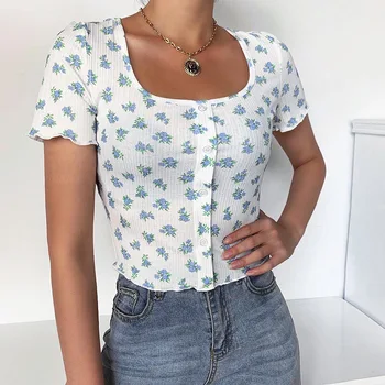 

2020 new summer niche design high-end quality square collar slim button printed blue bottom T-shirt female
