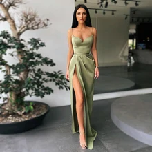 

Sexy High Slit Evening Dress V Neck Sleeveless Prom Party Floor Length Long Satin Spaghetti Straps Beach Vestidos Noche 2022
