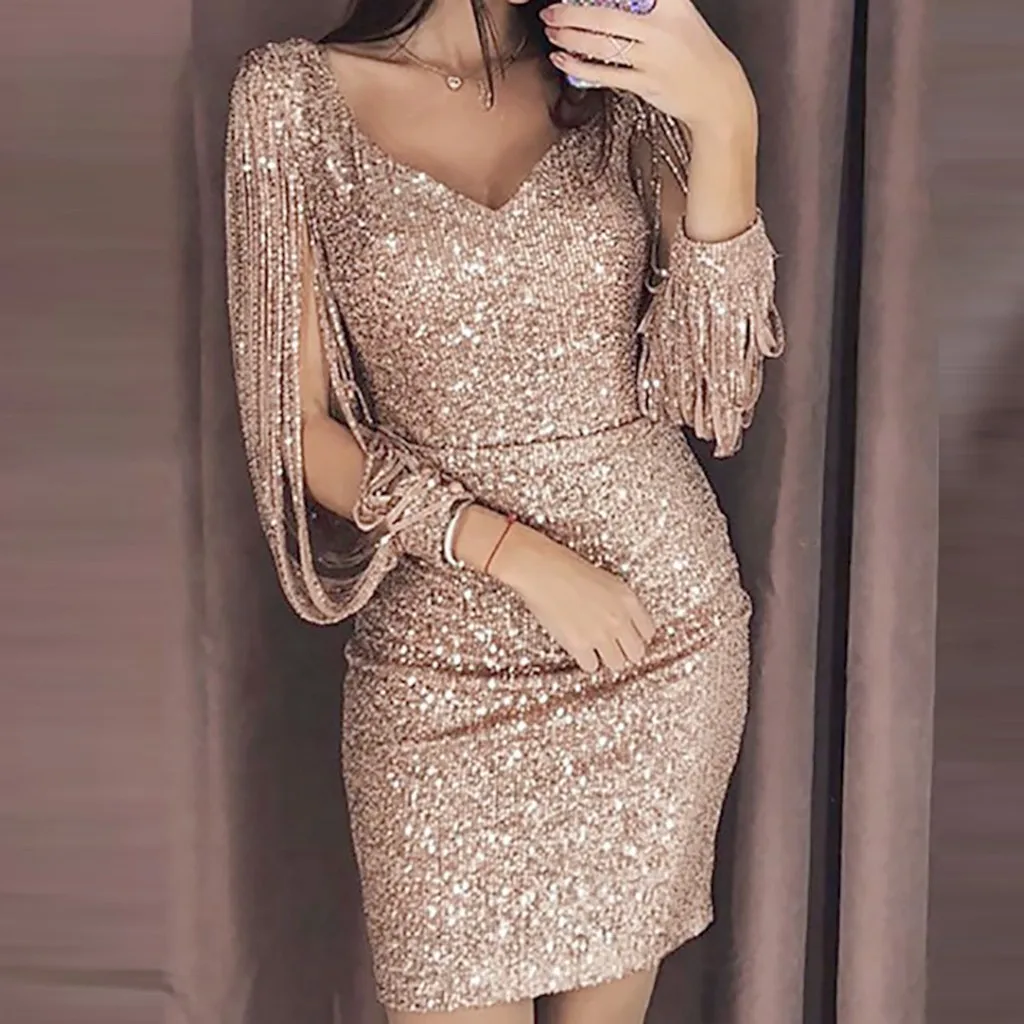 Sexy Women Dress Sequins Glitter Sparkle Deep V Neck Gold Tassel Long Sleeves Short Mini Evening Party Wrap Hip Dress Vestidos