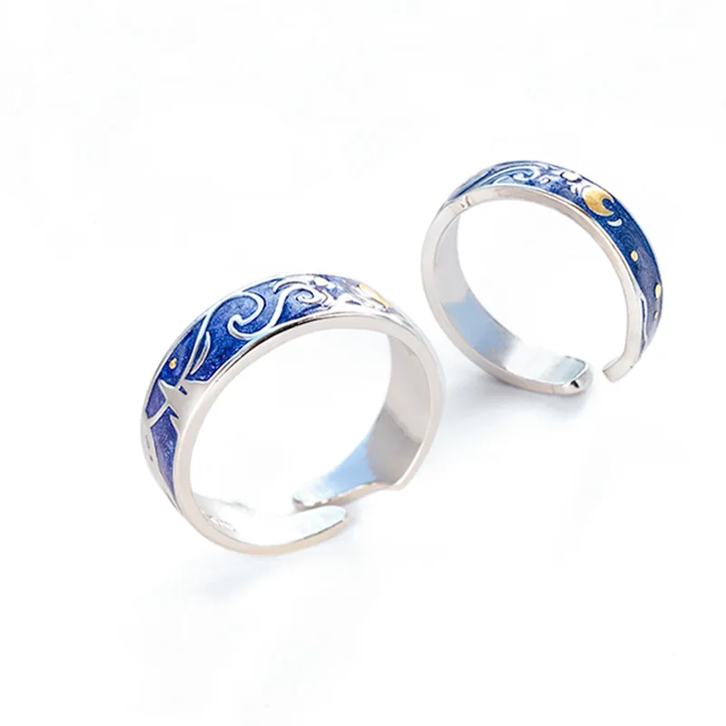 

Moon Star Starry Night Van Gogh Adjustable Open Band Rings Fashion Couple Rings for Women Men Valentine's Day Gift Daily Jewelry