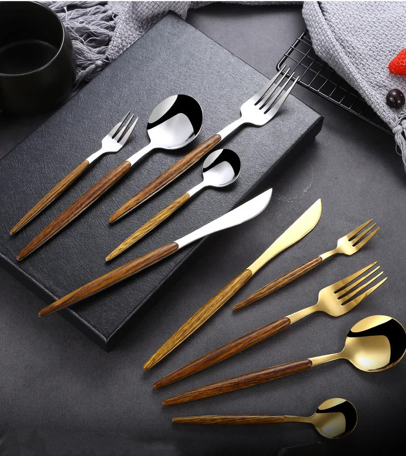 Description Picture 3 of item30Pcs Stainless Steel Dinner Gold Imitation Wooden Handle Dinnerware Knife Coffee Spoon Fork Cutlery Set Tableware Silverware