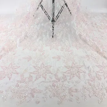 

Nigerian Lace Fabrics 5yard Sequins lace fabric net lace fabric 2020 Sequins, white pink lace fabric for haute couture dress