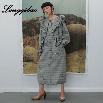 

Longqibao Women's New Fashion Abstract Lines Handmade Bright Diamonds England Plaid Windbreaker Women's Clothes Single Breasted