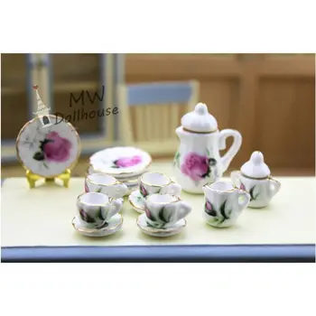 

1set 1:12 Doll House Tableware Miniature Furniture 17 PCS Ceramic Tea Sets