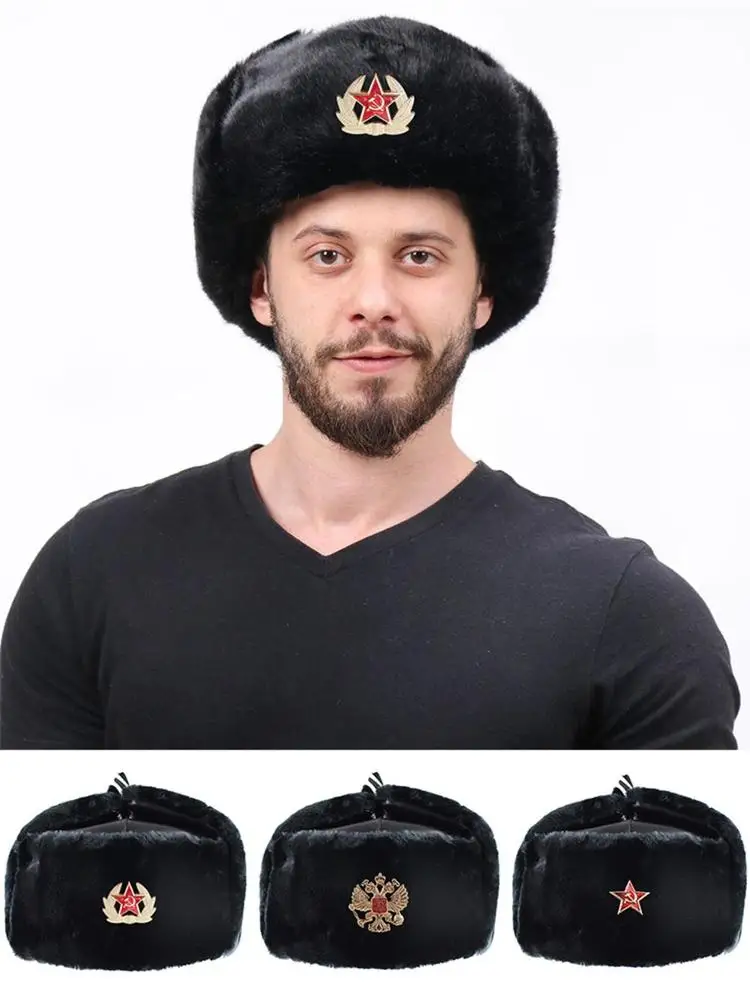 Soviet Badge Hat Pu Waterproof Padded Earmuffs Russian Warm Hat Women Earmuffs Outdoor Warm Hat Padded And Hat Men M3Z3 mens winter bomber hats