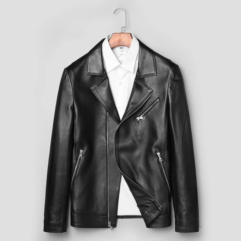 Haining Top Grade Genuine Leather Clothes Men's First Layer Sheep Skin Short Biker Jacket Korean-style Slim Fit Fashion Casual L