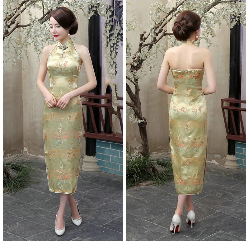 Mandarin Collar Chinese Dress Backless Long Satin Qipao Vintage Button Sexy Cheongsam Women