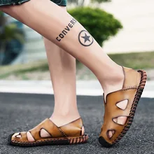 Мужские сандалии в римском стиле на плоской подошве для отдыха однотонные летние туфли в рыбацком стиле Повседневная мужская пляжная обувь из натуральной кожи без застежки