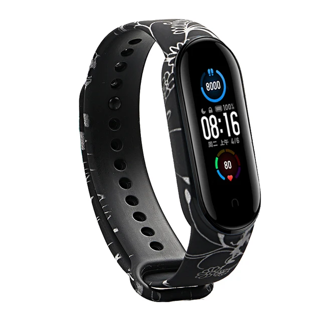 Bracelet for Xiaomi Mi Band 5 Strap Silicone Painting Flowers Belt miband 5 accessories Wrist Strap for Xiaomi Band 6 Black Flower