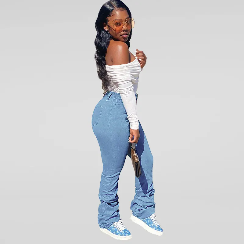 

2020 New Piled Pants Fashion Women Jeans Stacked Denim Streetwear Baggy Flare Solid Sexy Hip Slim Stacked Jeans Woman Wide Leg