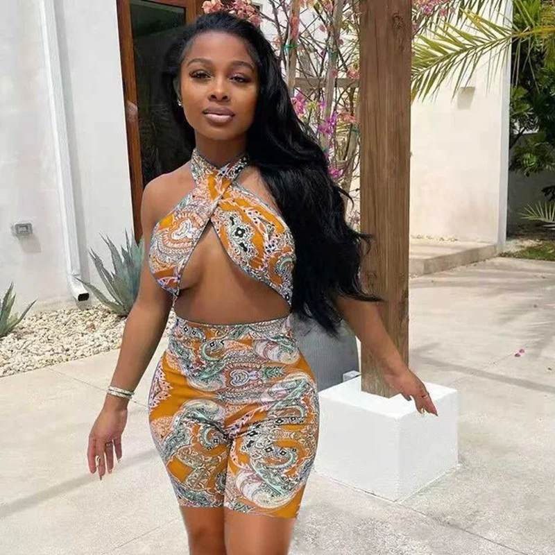 

Printed Halter Bandage Jumpsuit Women Summer Clothes Criss-cross Short Bodycon Jumpsuit Clubwear Party Backless Sexy Playsuit