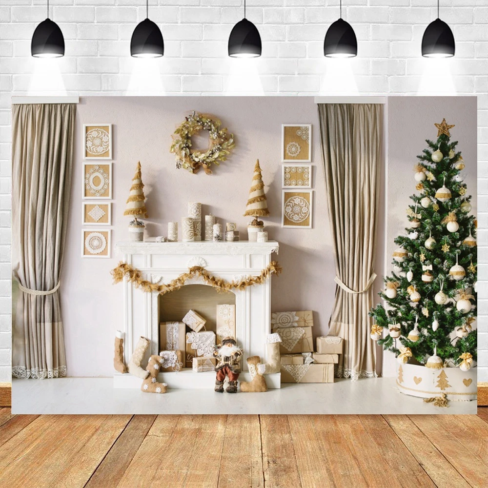 

Merry Christmas Santa Tree Fireplace House Gift Baby Child Portrait Photo Backgrounds Photography Backdrop for A Photo Studio