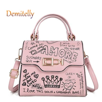 

Fashion Graffiti Letters Women's Small SquareBag New Crown Printing One Shoulder MessengerBag Luxury Brand Ladies Handbag Wallet