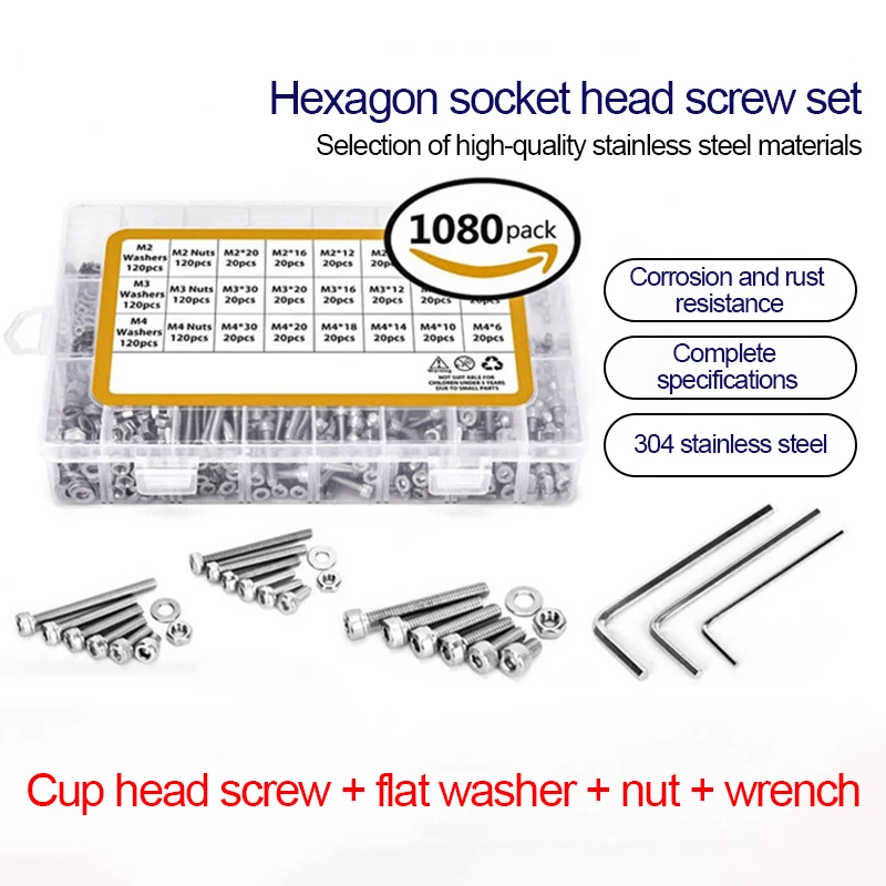 

1080PCS Stainless Steel Hexagon Socket Cup Head Screw Combination Set M2 M3 M4 Bolt Nut Flat Washer Wrench Kit Fastener Screw