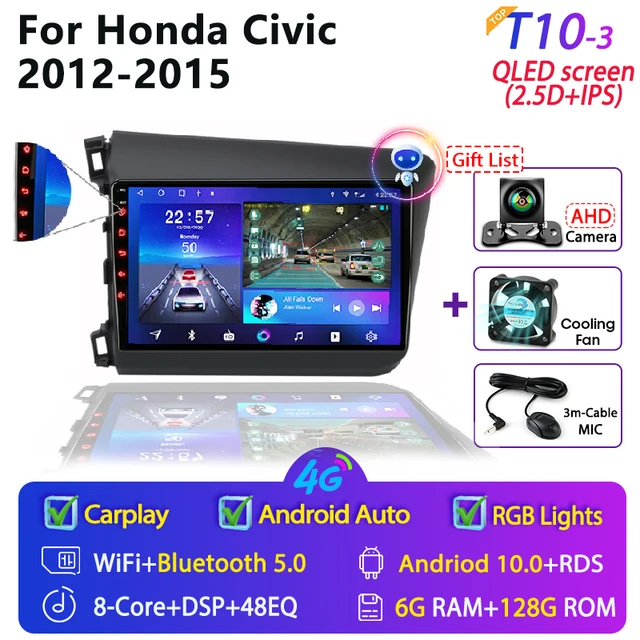 For Honda Civic 2012-2015 Android Car Radio 2 Din GPS navigation Multimedia Video Player RDS DSP 4G DVD Screen Floating stereo T10-3 Cam 6G 128G