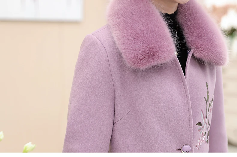 Модное шерстяное Женское пальто на осень и зиму, Женское пальто с меховым воротником и цветочной вышивкой размера плюс, женская одежда Casaco Feminino