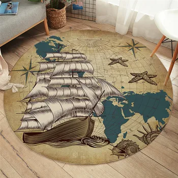 

2020 Fashion Sailing Ship Round Carpet Nautical Non-slip Area Rugs World Map Retro Floor Mat Round Carpet
