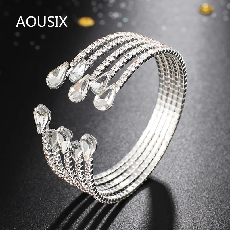 Fashion Crystal Bracelet 5 Rows Full Diamond Steel Wire Open Elastic Bridal Party Jewelry | Украшения и аксессуары