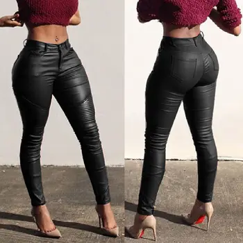 

New spring autumn ladies fashion fold PU leather pants slim pencil trousers brand design female skinny stretch sexy pants