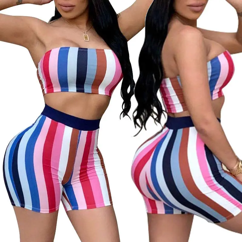 Fashion Womens Summer Clothes Sets Sexy 2 Piece Outfits Bodycon Stripe Print Strapless Tube Crop Tops and High Waist Shorts womens loungewear Women's Sets