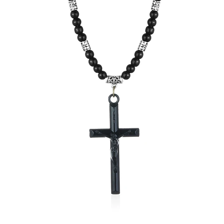 Религиозная Подвеска "Иисус", подвеска с крестом, ожерелье с орден Святого Бенедикта, ожерелье для мужчин, каменные бусы, веревка, цепь, черная бронза, унисекс, ювелирные изделия - Окраска металла: D06-Black-Bead