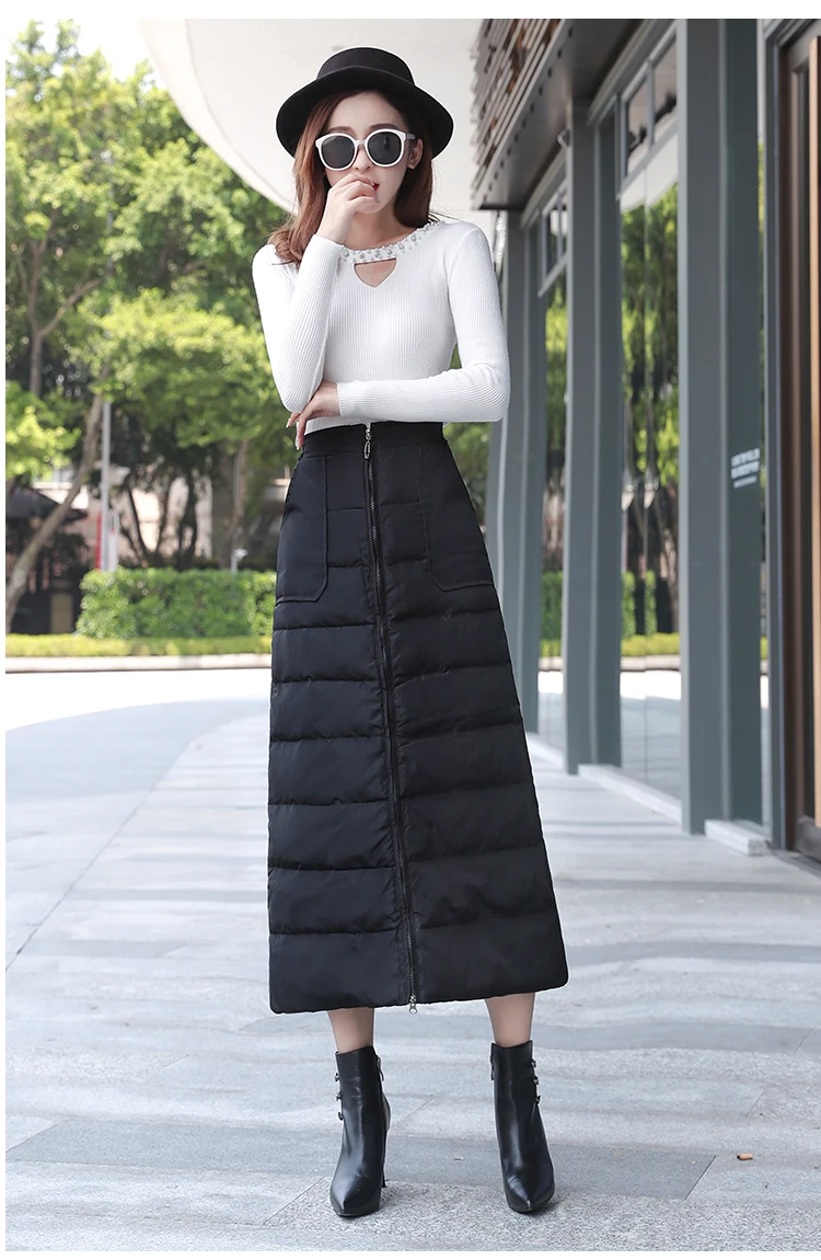 Winter Fall Fashion Women Elastic High Waisted Black Thick Warm Long Cotton Down Skirt Female Woman Padded Skirts