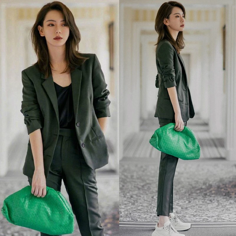 S-XL Plus Size Green Blazer and Pencil Pants Ladies Solid Korean 2 Piece Set Spring Winter Casual Office Work Slim Two Piece Set