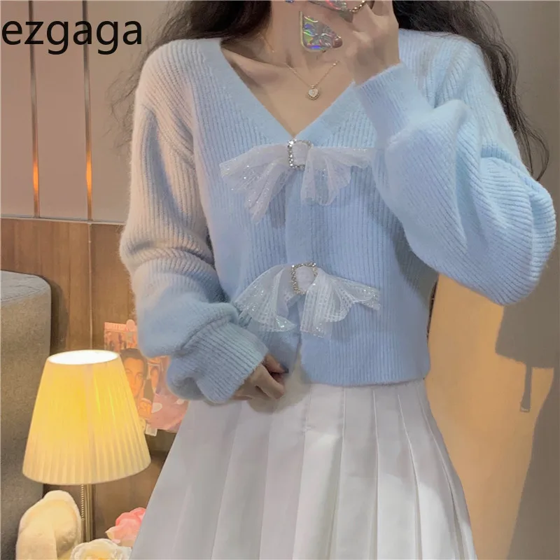 Ezgaga 2021 осенний милый вязаный кардиган с лентами и бантом женский модный шикарный