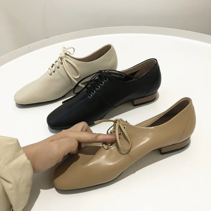 

Square Head Chunky-Heel Deep Mouth Lace-up Shoes 2019 New Style Spring Shoes Semi-high Heeled White Small Leather Shoes Women's