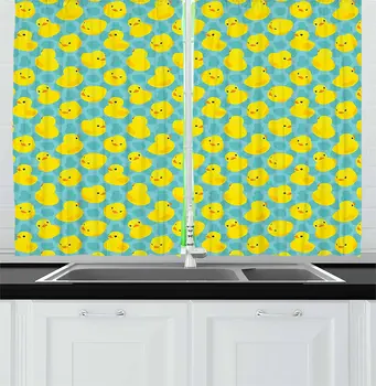 

Pale Sea Green Yellow Orange Duckies Kitchen Curtains Bathroom Toys Themed Rubber Ducks on Abstract Spotted Surface for Kitchen