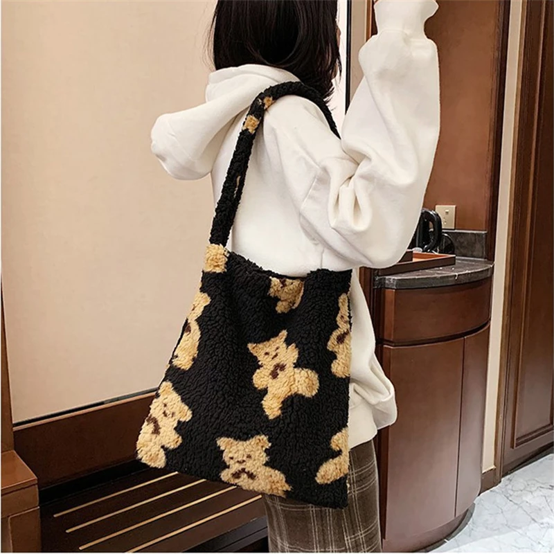 Women Lamb Like Fabric Shoulder Bag Autumn Winter Plush Cartoon Bear Handbags Large Capacity Shopping Bags Girls Cute School Bag