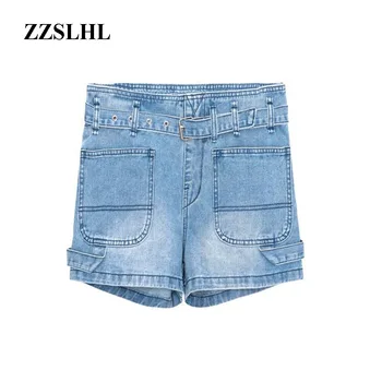 

Women Pants 2020 Summer New Light Blue Jeans Women's High Belt Tooling Flower Word Gray Shorts Hot