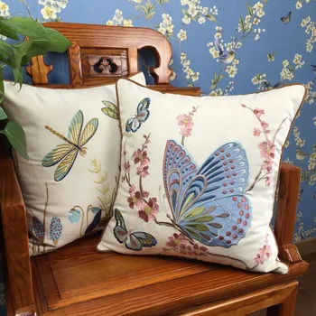 

Embroidered Throw Pillow Pure Cotton Home Decoration Thorw Pillow Cases Plant Flowers Cushion Covers with Hemming Design
