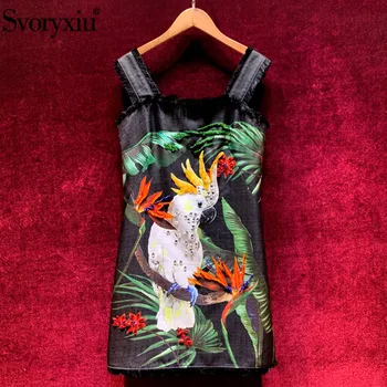 

Svoryxiu 2020 Runway Fashion Summer Parrot Print Spaghetti Strap Mini Dress Women's Beaded Tassel Sexy Party Short Dresses