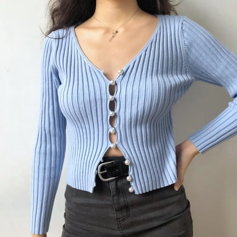 

2019 autumn New Stylish Knitting Single Breasted Pearl Cardigan Sweater Woman Deep V-neck Long Sleeve Jumper kleding jerseis