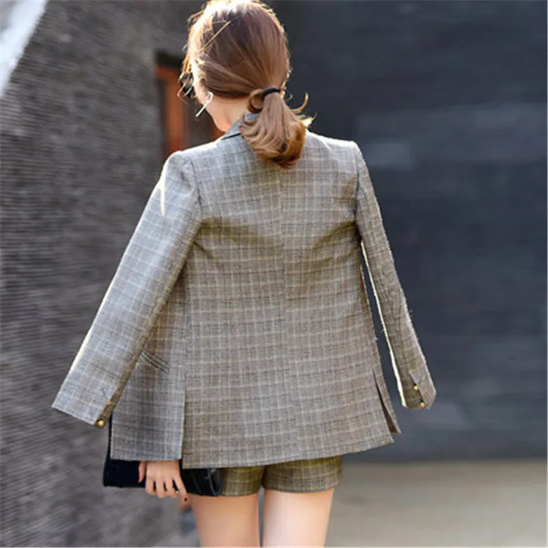 

2020 Spring summer Womens Business Suits Polyester Retro Lattice Calca Feminina Mid Long Blazer Shorts Blazer Set CJ067