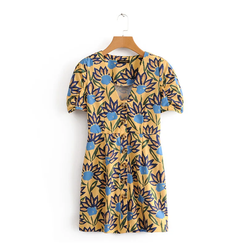 

2018 Spring And Summer Europe And America WOMEN'S Dress V-neck Printed Short Sleeve Even Loose-Fit Dress 9244