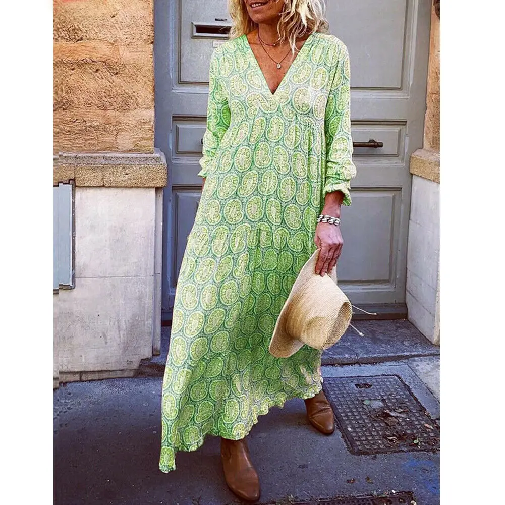 Fashion Women Boho Deep V Neck Floral Long Maxi Dress Tunic Beach Kaftan Holiday Club Casual Loose Dresses Sundress