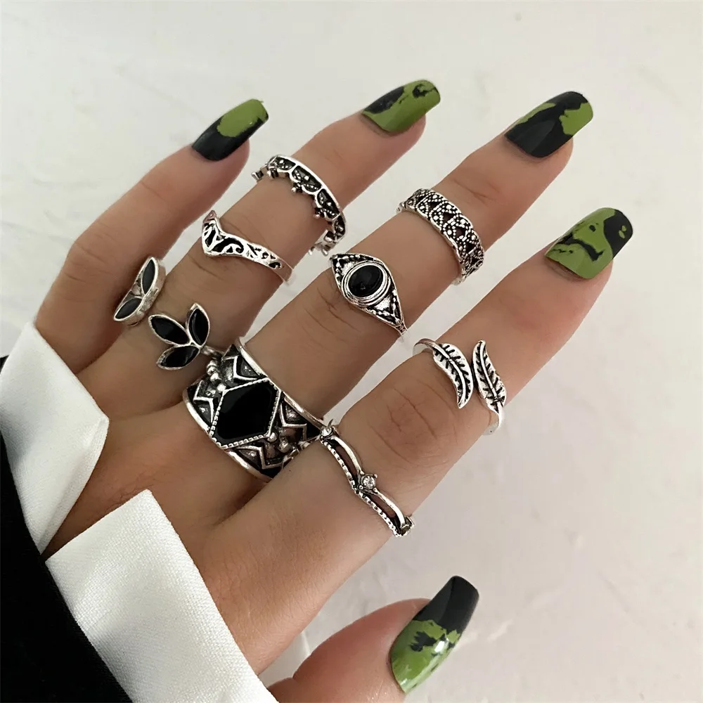 KISSWIFE Vintage Silver Color Rings Set For Women Men Leaves Crystal Black Stone Geometric Rings Fashion Jewelry