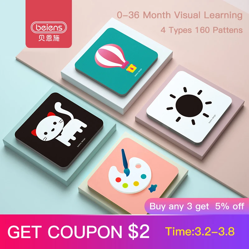 Beiens Baby Montessori Toys Pocket Flashcards for 0-36 Months Newborn Learning card Toys Children Early Educational Cognize Card