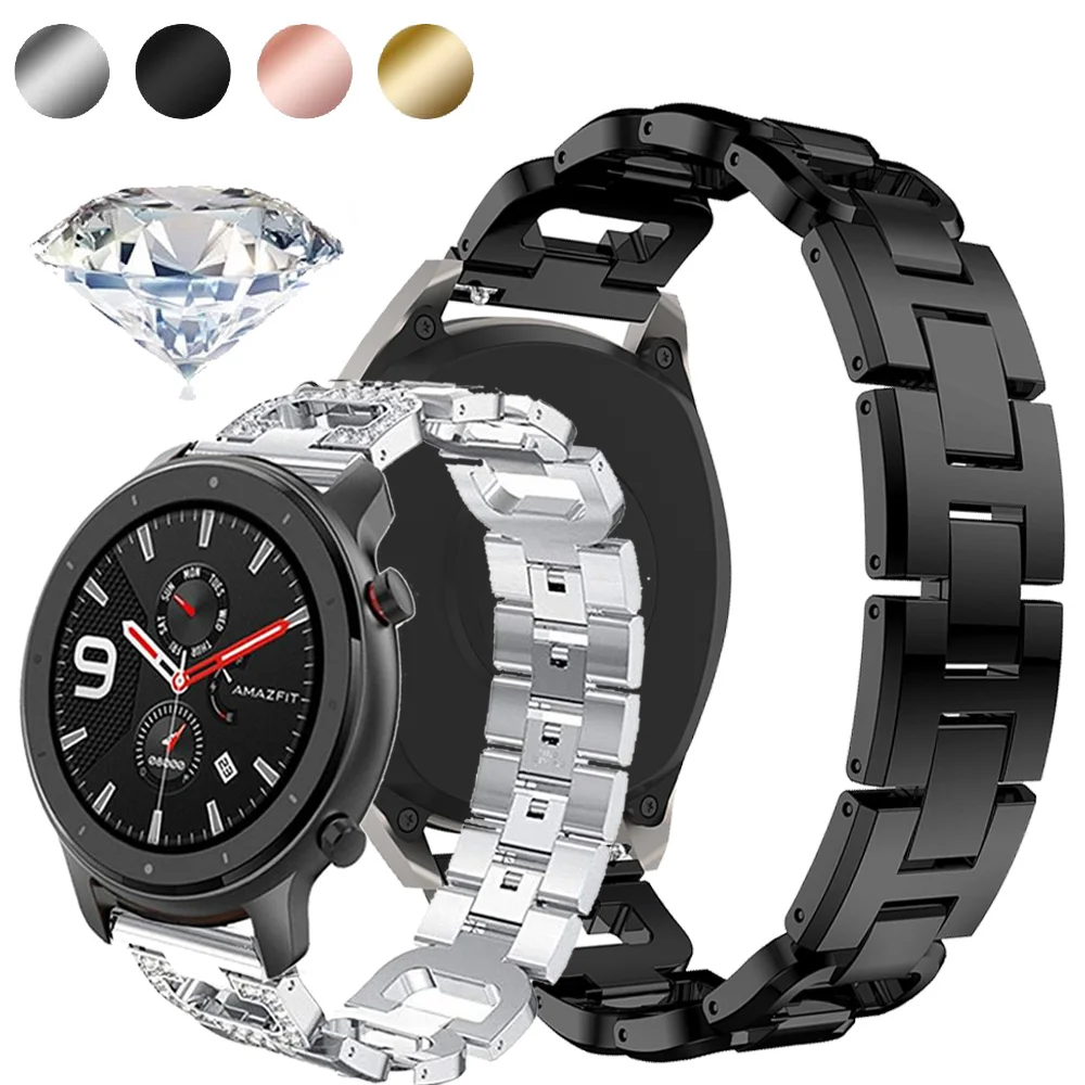 Ремешок из нержавеющей стали для Huami Amazfit GTR 47 мм Замена металлического сплава 22 мм ремешок для часов браслет со стразами