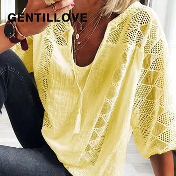 

Gentillove Casual Loose O-neck Top Sexy Three Quarter Sleeve Hollow-out Plus Size Blouse Elegant Lace Patchwork Solid Blouse