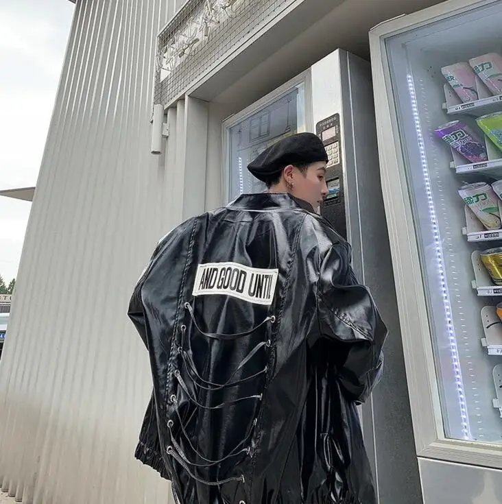 Новинка из блестящего металла панк хип хоп куртка мужская назад ветровка с завязками пальто мужские Куртки из искусственной кожи Мужская Уличная