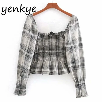 

Vintage Plaid Elastic Crop Top Women Long Sleeve Square Neck Streetwear Summer Tops CCWM9587