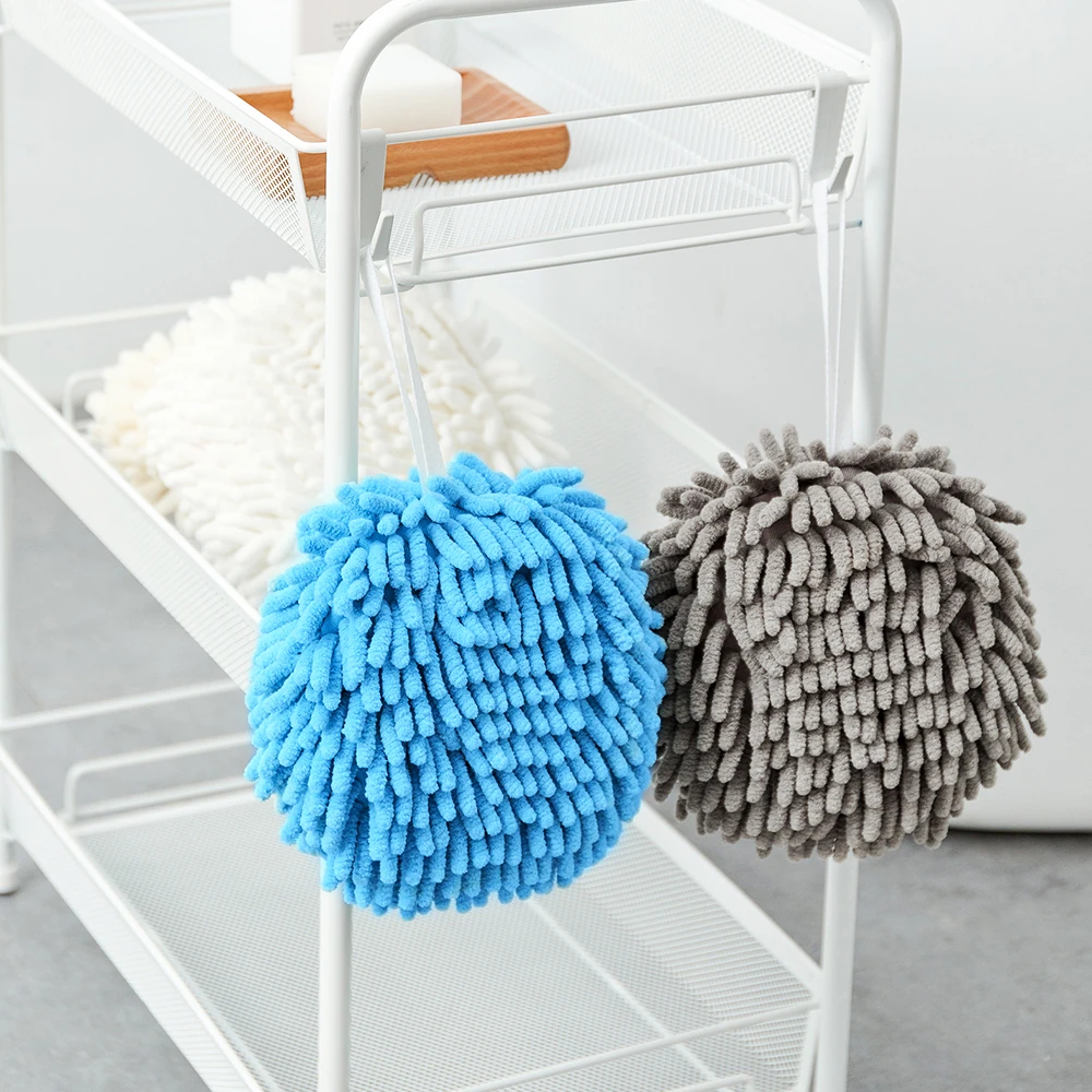 Hand Towels for Bathroom Decorative Set,3-pack Chenille Hanging Hand Towel  Ball Microfiber Plush Absorbent Soft Small Bath Towel with Loop For Kitchen