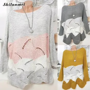 

Fashion Patchwork Long Sleeve Knitted Sweater Women Hollow Out Autumn Pullover Sweater Loose Causal Pull Femme Jumper Streetwear