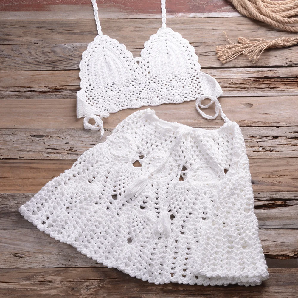 2021 New Crochet 2Pcs/set Beach Cover Up Sexy Women Bra Top+Mini a Line Skirts Bikini Swimsuit Bathing Suit Cover Ups Dress mesh bikini cover up Cover-Ups